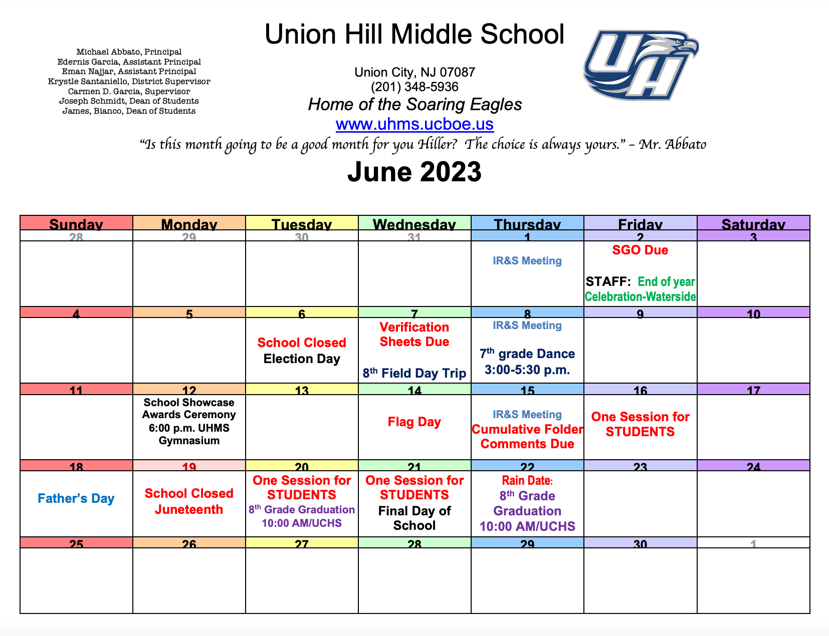 June 2023 Calendar-Union Hill Middle School