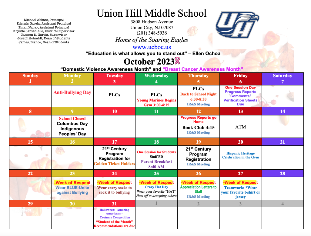 October 2023 Calendar-Union Hill Middle School