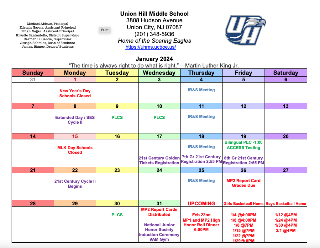 January 2024 Calendar-Union Hill Middle School