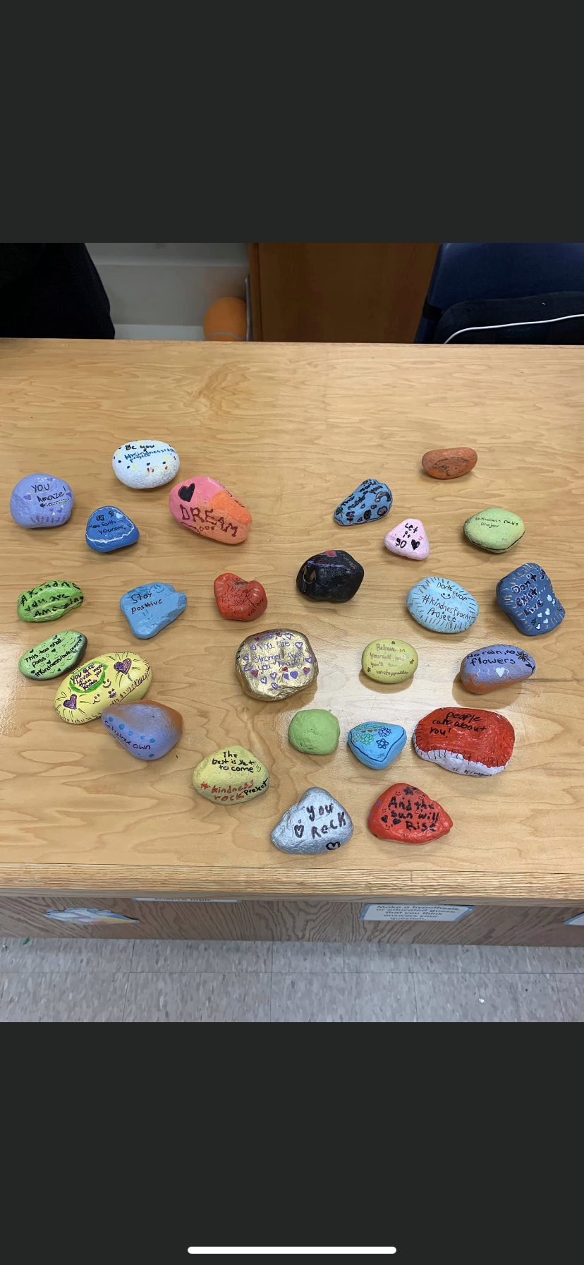 painted multicolored rocks with kindness sayings