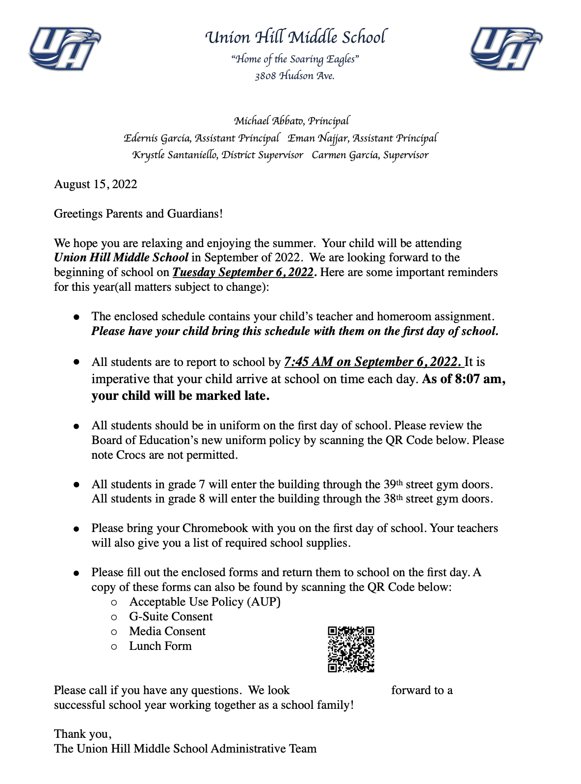 Opening Day Letter-Union Hill Middle School-English