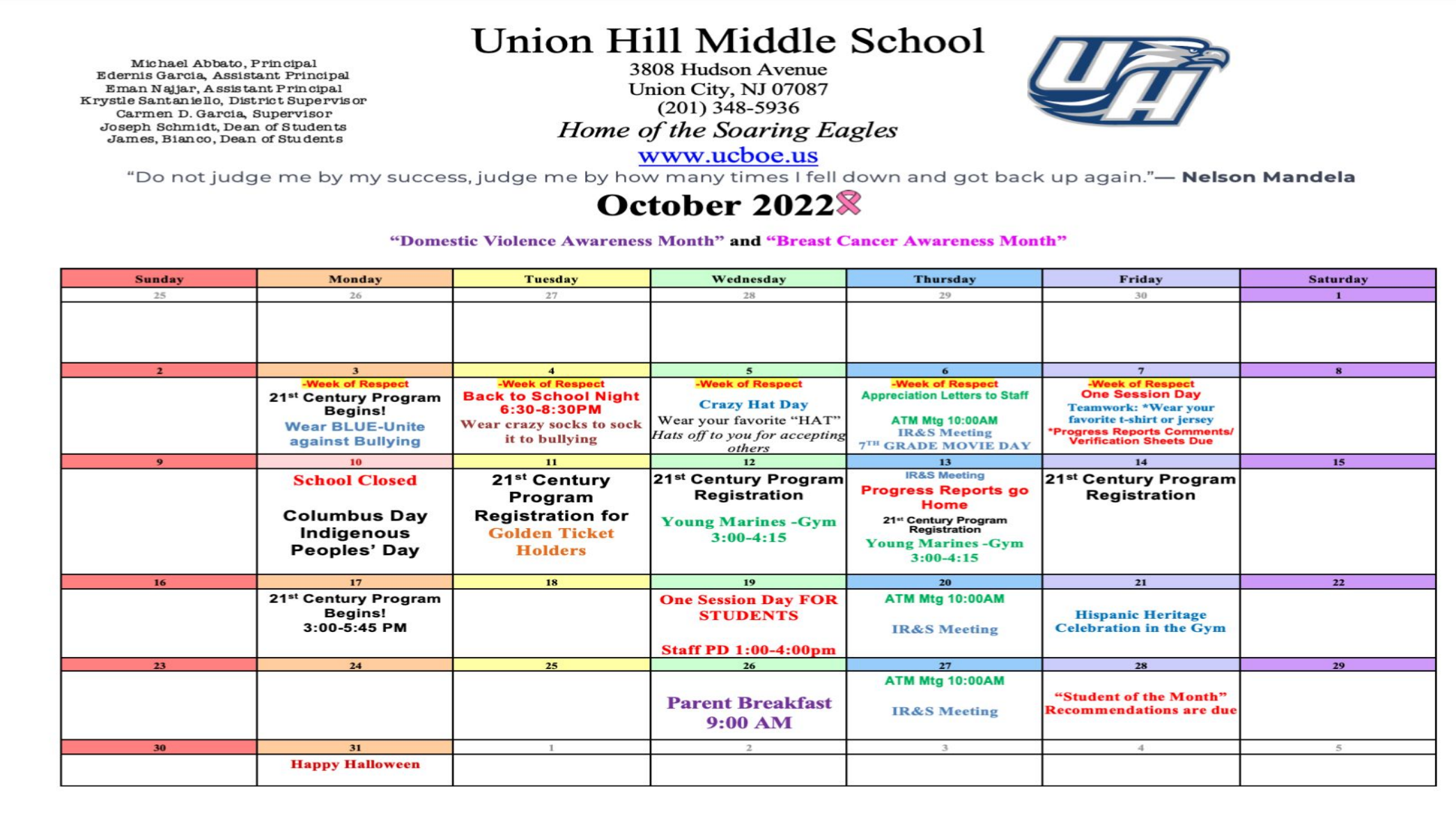 Union Hill Middle School-October 2022 Calendar