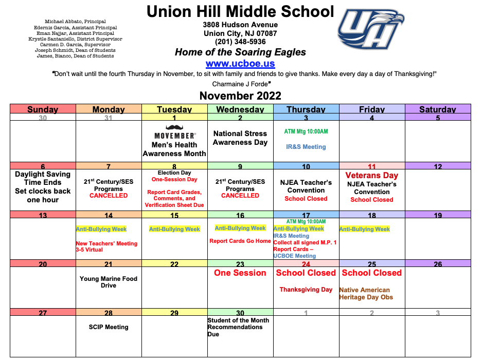 November 2022 Calendar-Union Hill Middle School