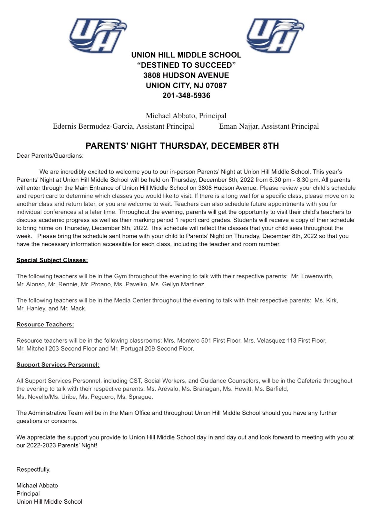 Parent's Night Notification Letter-English