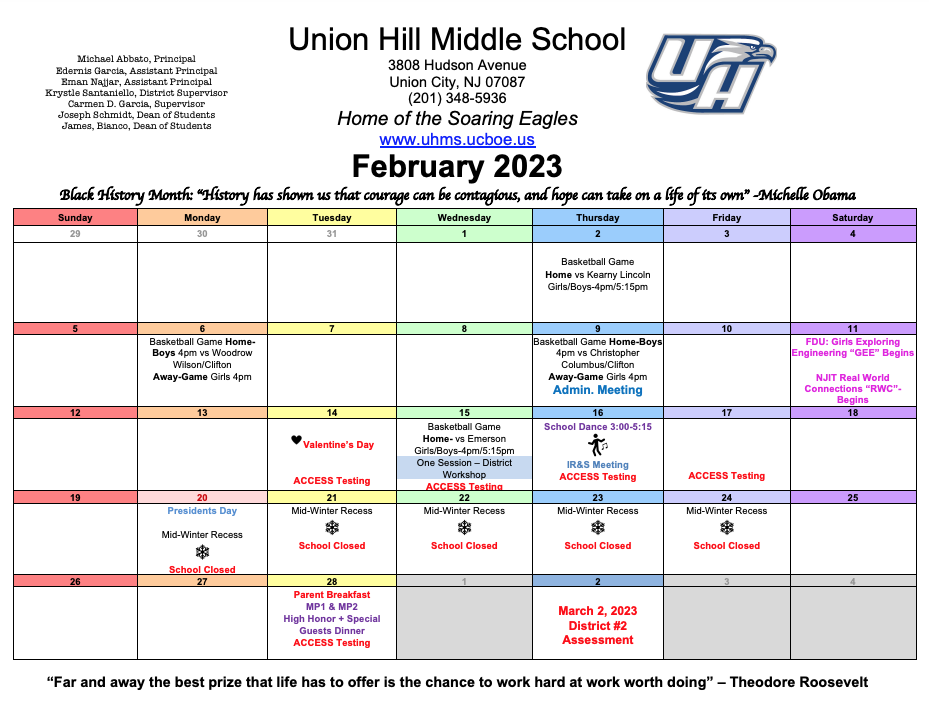 February 2023 Calendar-Union Hill Middle School
