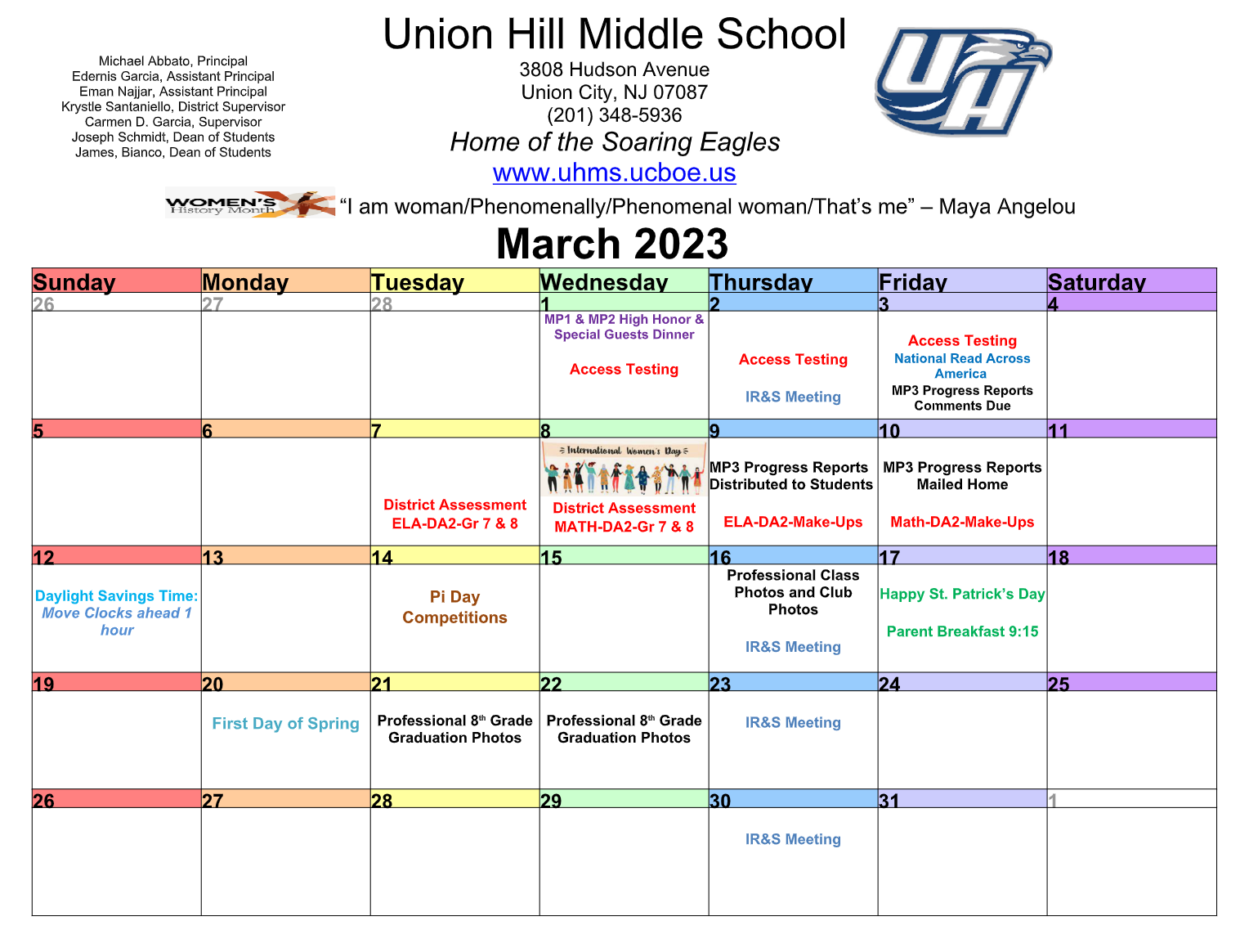 March 2023 Calendar-Union Hill Middle School
