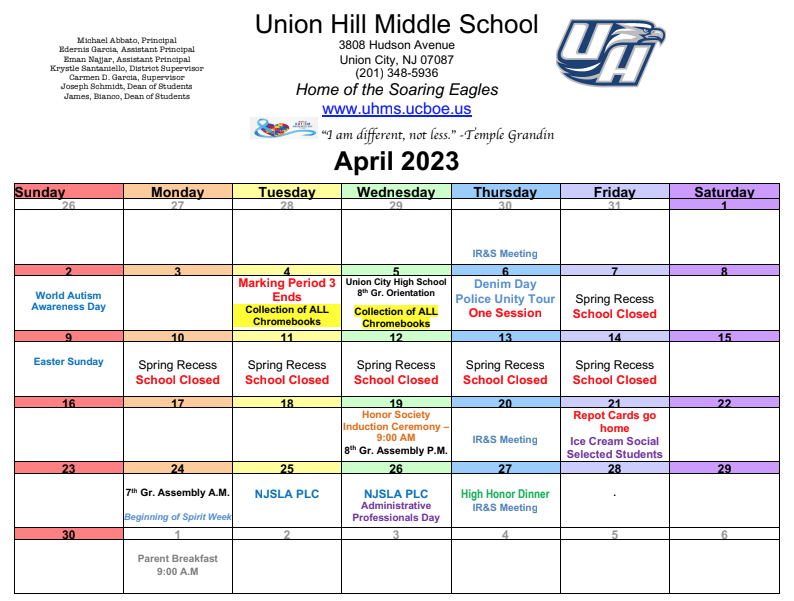 April 2023 Calendar-Union Hill Middle School