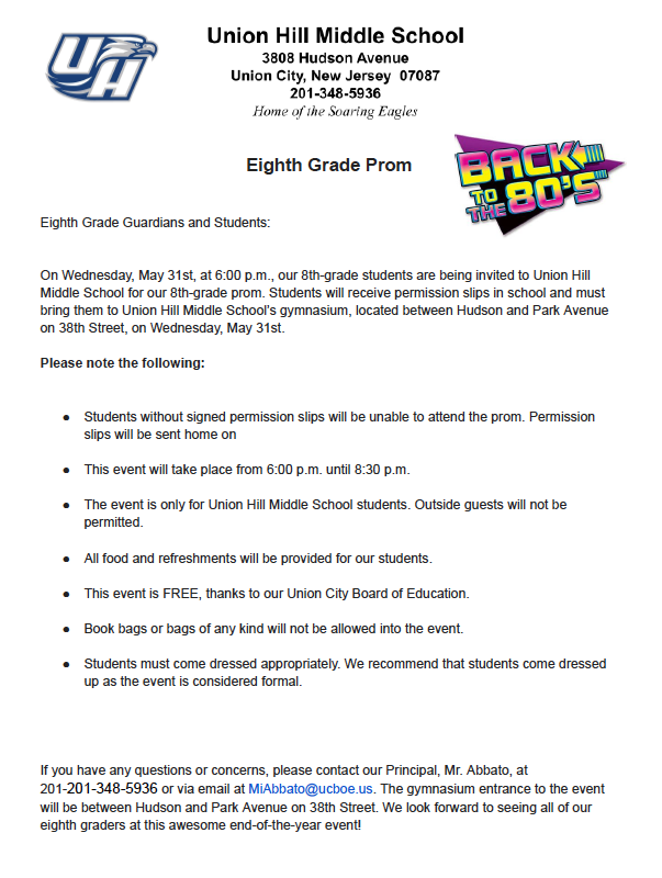 Union Hill Middle School 8th Grade Prom Information-English