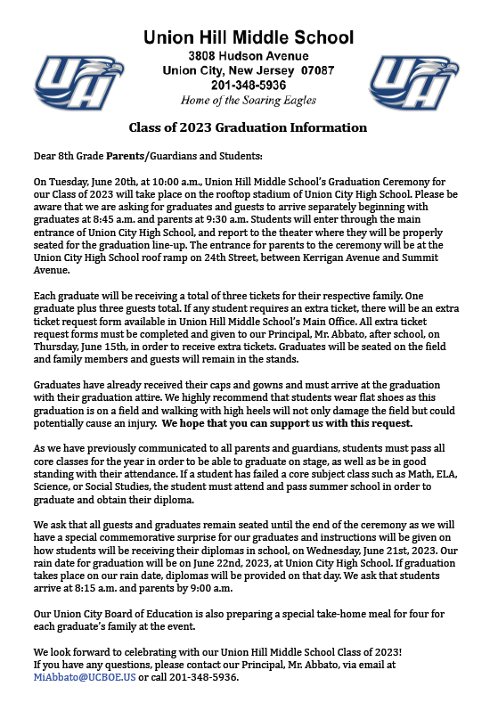 Union Hill Middle School Class of 2023 Graduation Information-English