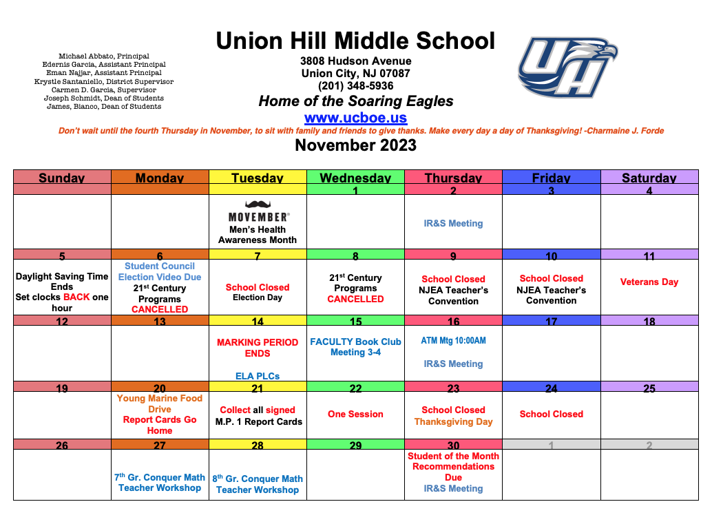 November 2023 Calendar-Union Hill Middle School