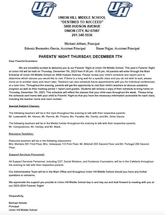 Parent's Night Information-Union Hill Middle School-English