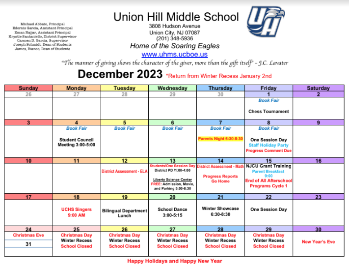 Union Hill Middle School-December 2023 Calendar