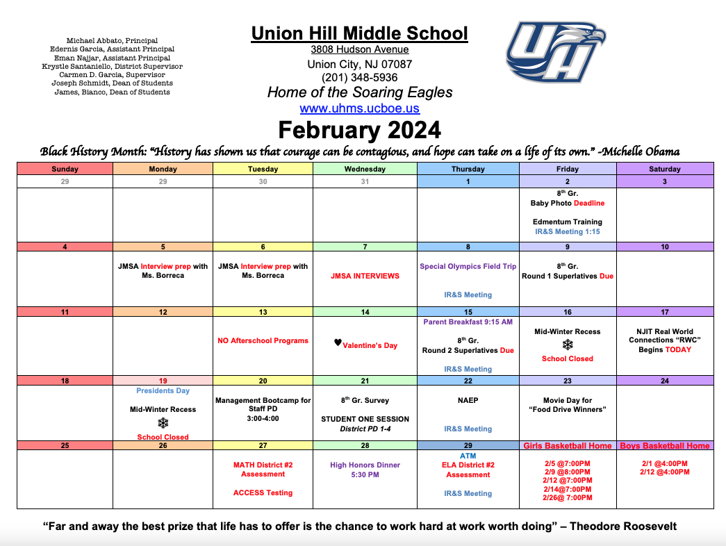 February 2024 Calendar-Union Hill Middle School