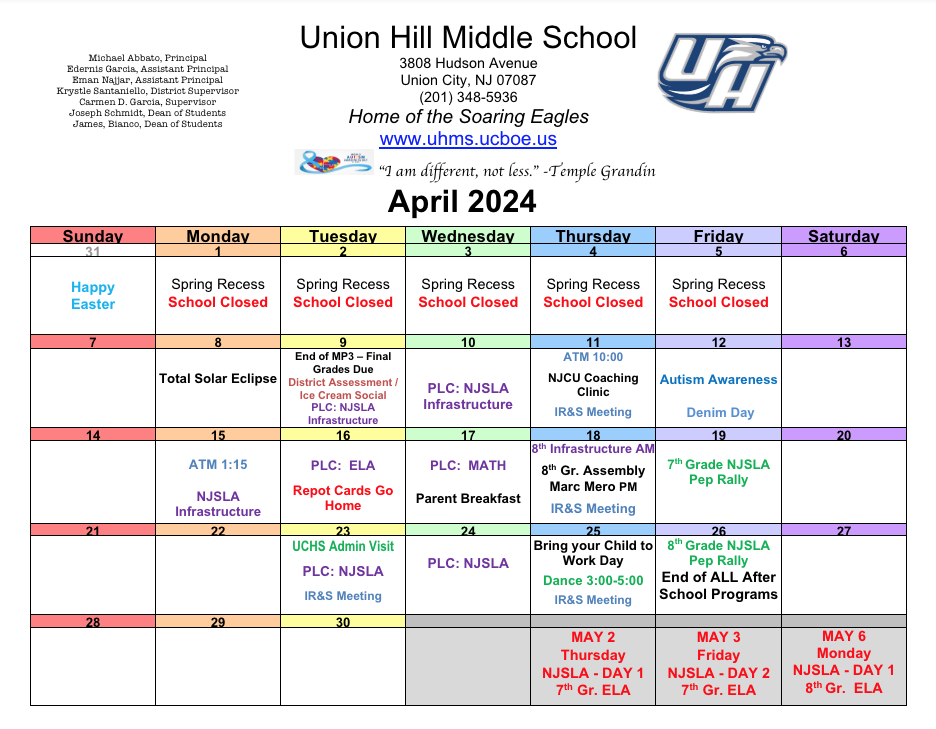 April 2024 Calendar-Union Hill Middle School